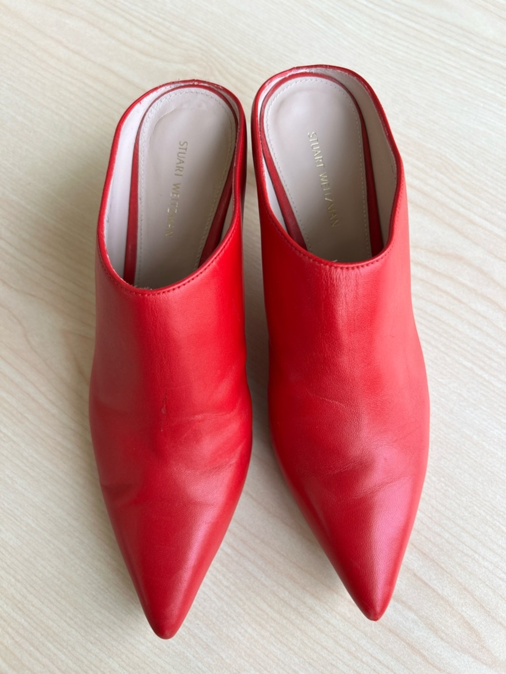 Stuart Weitzman mira red leather pointed toe slide on mules kitten heels 7.5 - Picture 4 of 16